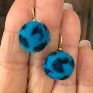 Real Leopard Fuzzy Furry Pom Pom Drop Earrings NWT